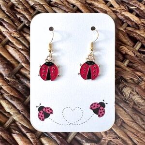 New Handmade Gold-Tone Ladybug Dangle Earrings (1.5" long x 0.6" wide)